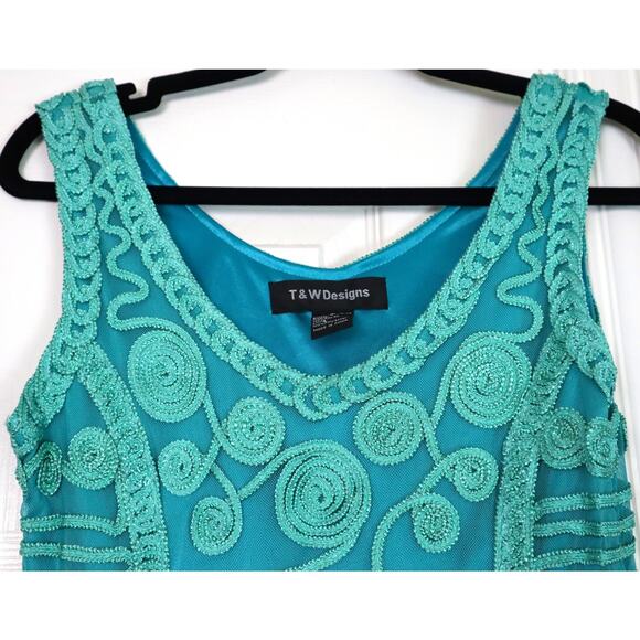 T&W Designs Blue and Green Embroidered Floral Mini Dress Short Cocktail Small - Picture 4 of 10